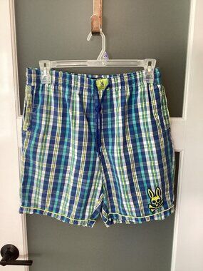 Psycho Bunny Plaid Shorts with Embroidered Bunny Logo Yellow/Blue Size‎ Medium